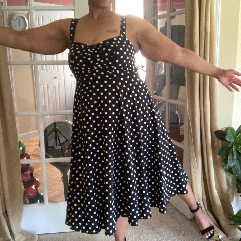 TORRID NWT Midi Poplin Fit&Flare Dress Black w/ White Polka Dots, Size 0… - Picture 2 of 16
